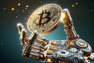 Artificial Intelligence robot keeping a bitcoin in the hand