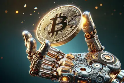 Artificial Intelligence robot keeping a bitcoin in the hand